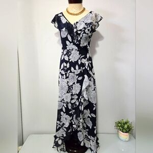London Times Navy And White Faux Wrap Floral Maxi Dress. Size 2